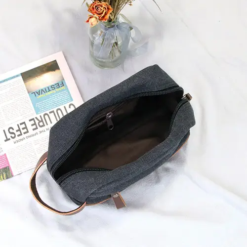 Spacious interior of canvas shaving bag with organizational compartments for grooming essentials wholesale